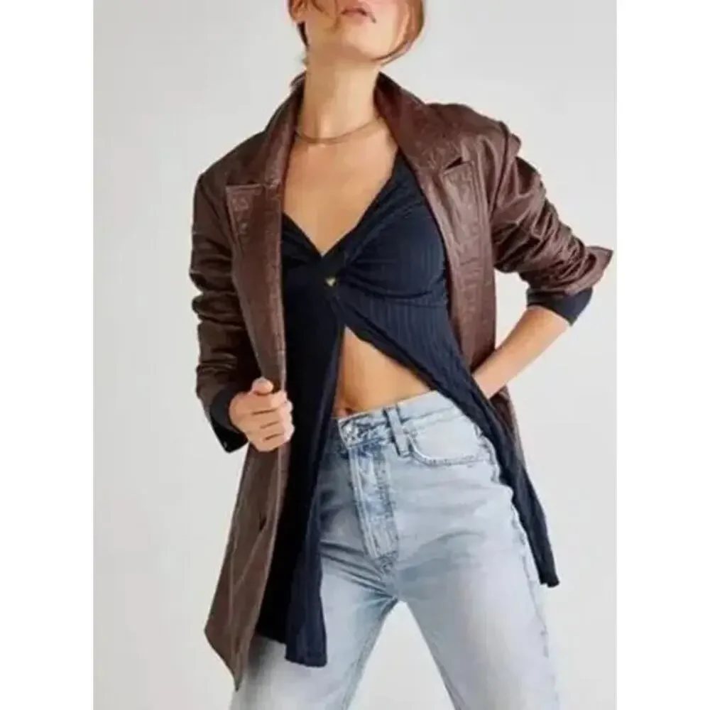 [Free People] Navy Blue Twisted Bust Open Front Slit Long Sleeve Top Sz Medium M